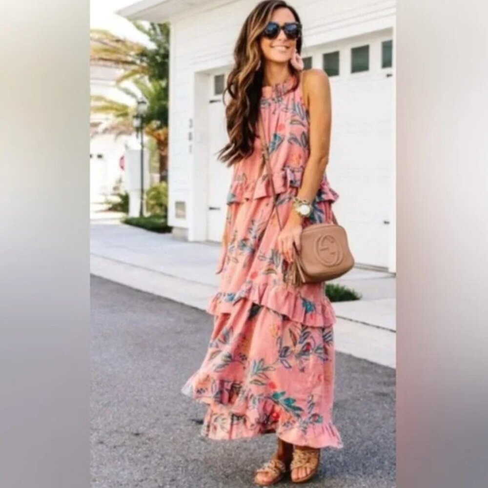 FREE PEOPLE Pink Desert Rose Leaf Print Anita Oversized Maxi Dress Size XS EUC